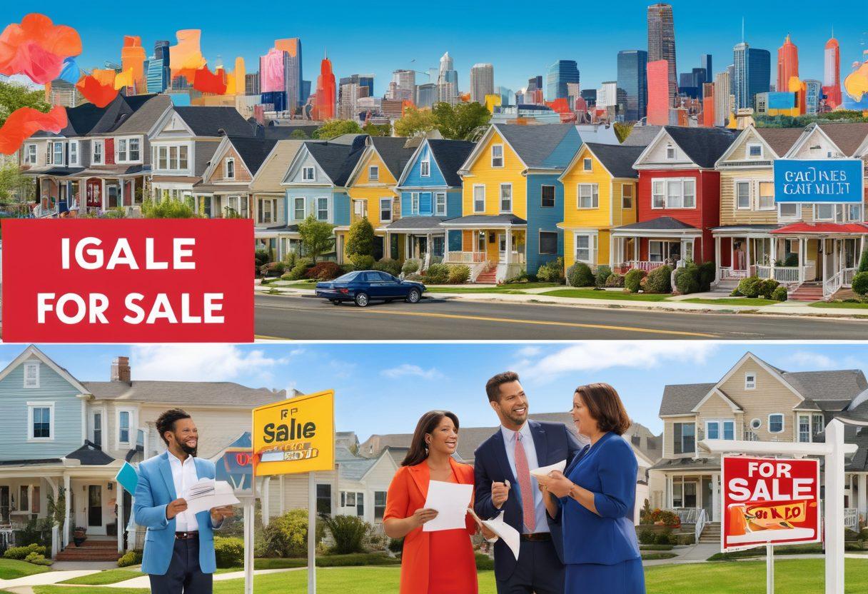 A collage of diverse homes for sale in a bustling real estate market, featuring cheerful families viewing properties, a friendly auctioneer raising a gavel, and vibrant signs showing 'For Sale' and 'Sold' in the foreground. Bright colors conveying excitement and accessibility, with an abstract city skyline in the background. super-realistic. vibrant colors.