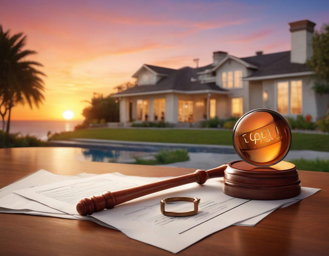 A modern, elegant home set against a picturesque sunset, with an auction gavel and magnifying glass subtly placed in the foreground. Showcase details like a 'For Sale' sign with bold lettering, along with diverse families engaging in discussions about real estate, conveying excitement and hope. Utilize warm colors and soft shadows to create inviting ambiance. super-realistic. vibrant colors. 3D.