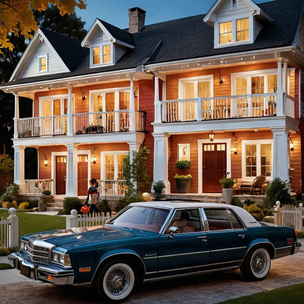 A captivating visual journey depicting a blend of an auction house filled with bidders, alongside a cozy home setting where a family is happily evaluating their property. Include symbols of valuation like house keys, charts, and prices gently floating around to symbolize the assessment process. The scene transitions from the auction excitement to the intimate home atmosphere, showcasing the emotional connection to property ownership. Incorporate warm colors to evoke comfort and aspiration. super-realistic. vibrant colors. 3D.